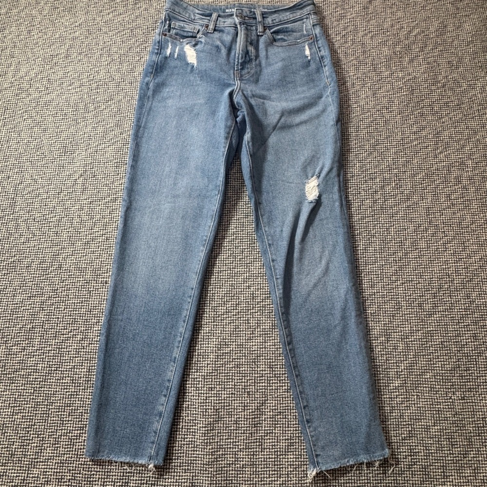 Old Navy OG Straight High Rise Distressed Raw Hem Jeans Blue Womens Size 2